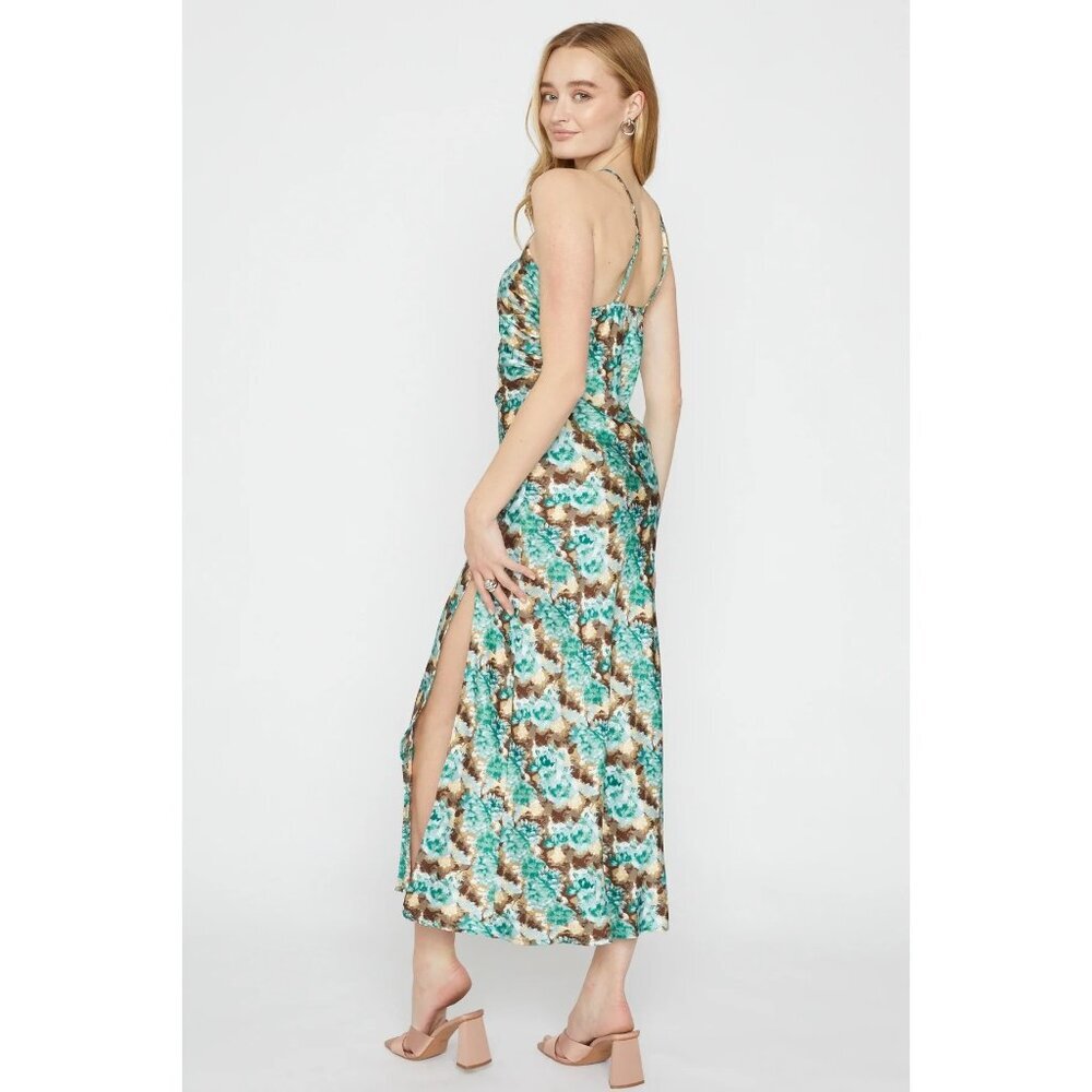 Halter neck side slit long printed satin dress adjustable straps